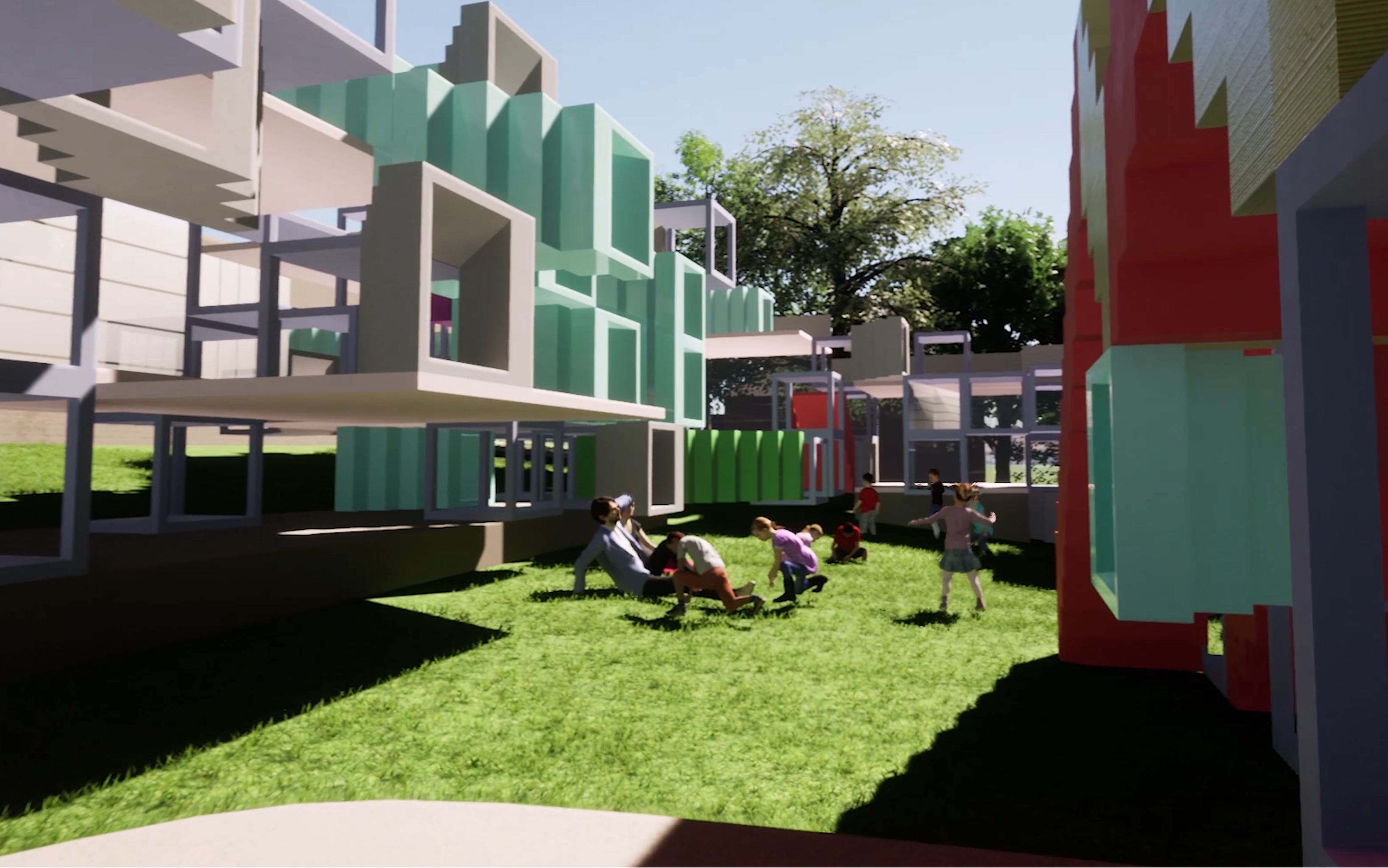 Ground-level render of children playing on grass between colorful modular playground structures