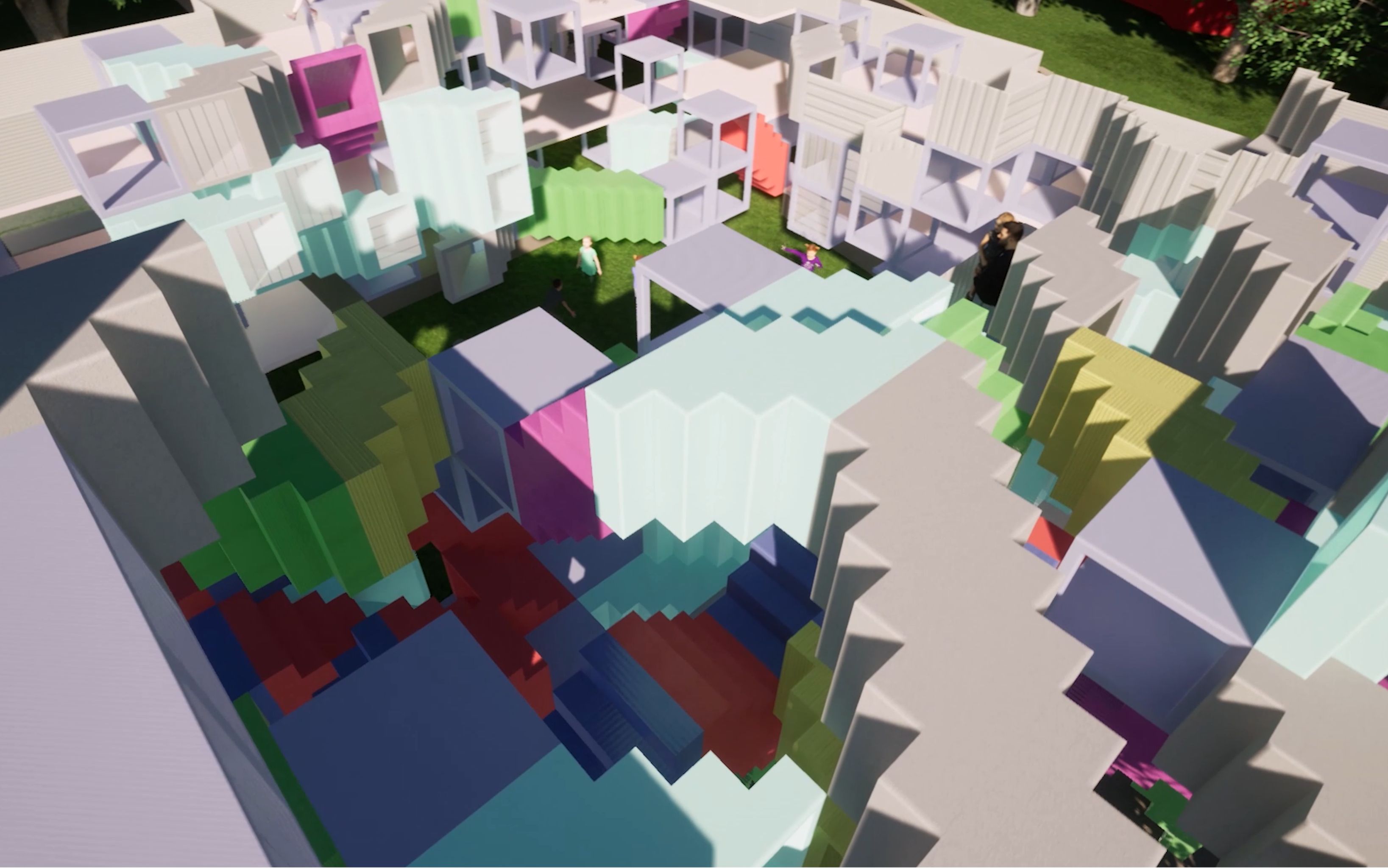 Aerial view of colorful modular maze with inner courtyard and rooftop staircases