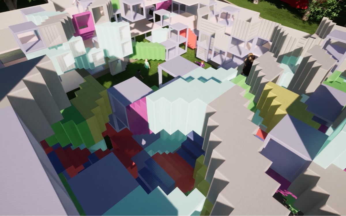 Aerial view of colorful modular maze with inner courtyard and rooftop staircases