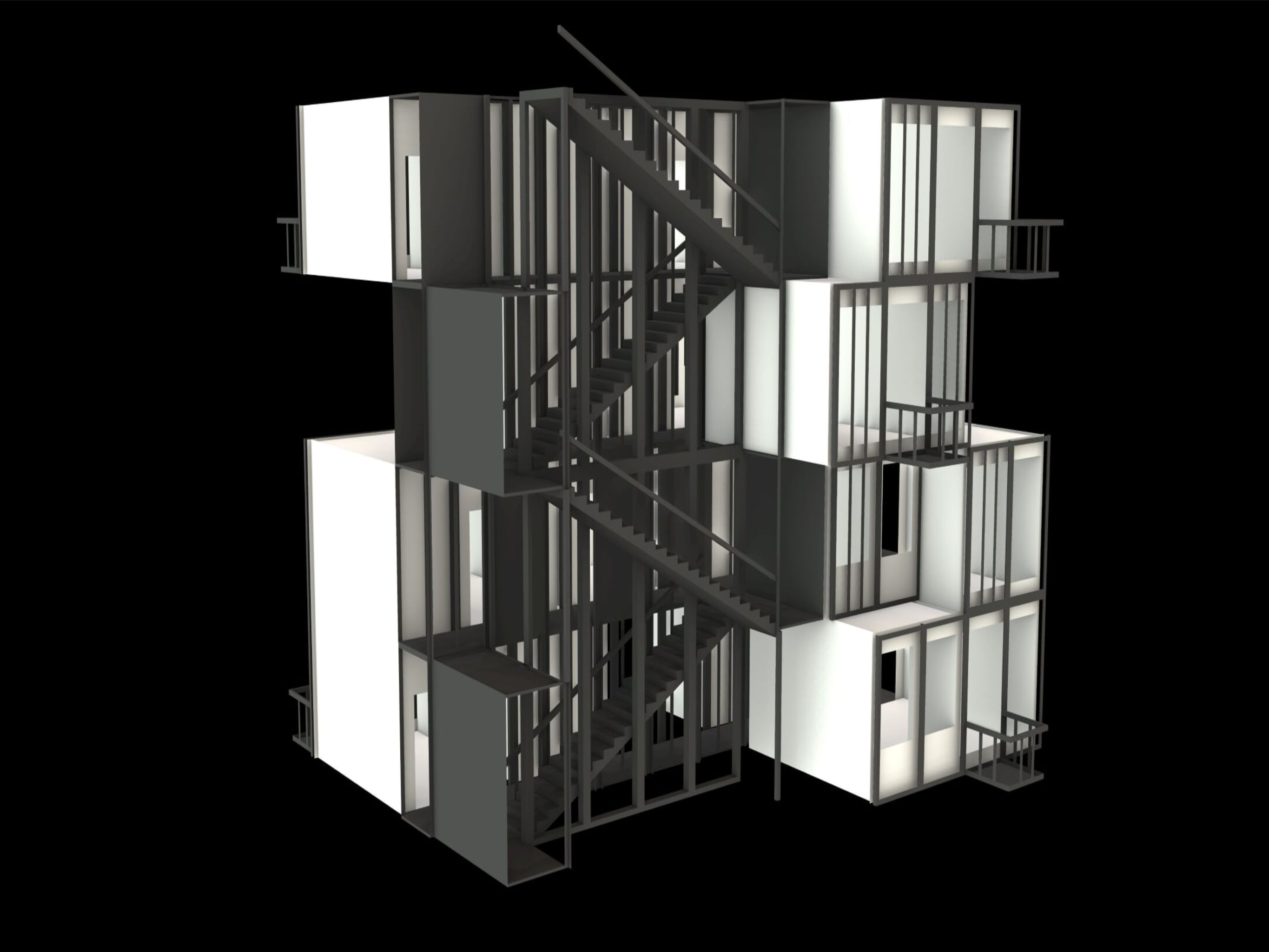 Modular housing building with dark facade, staircases, and illuminated rooms at night