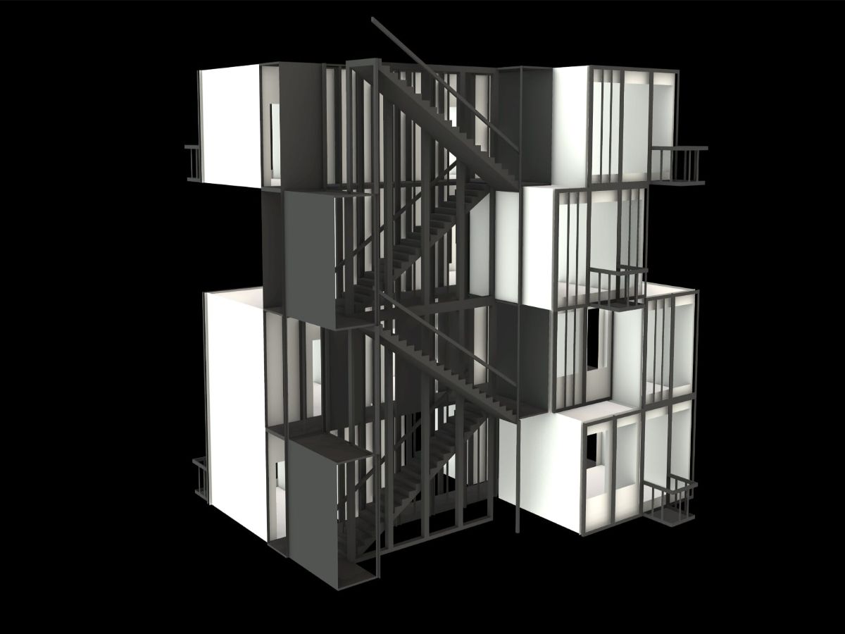 Modular housing building with dark facade, staircases, and illuminated rooms at night