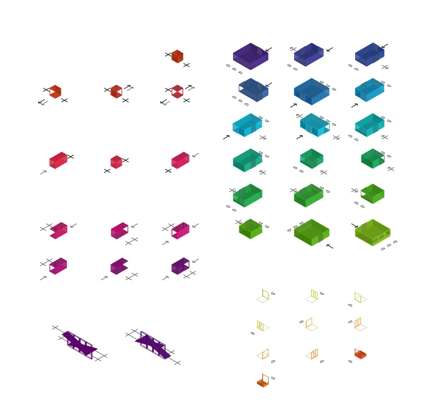 Color-coded megamodules catalog showing rooms, stairs, hallways, and facade pieces