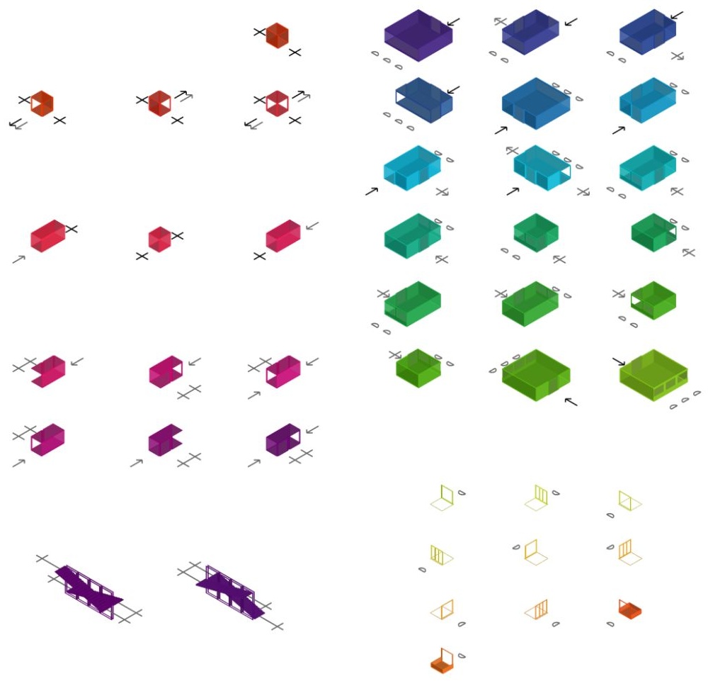 Color-coded megamodules catalog showing rooms, stairs, hallways, and facade pieces