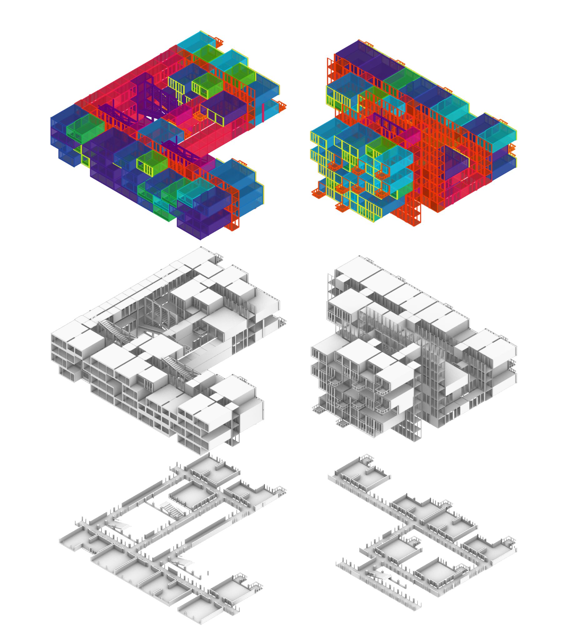 Grid of eighteen modular housing variations in white isometric views