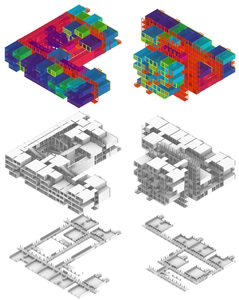 Grid of eighteen modular housing variations in white isometric views