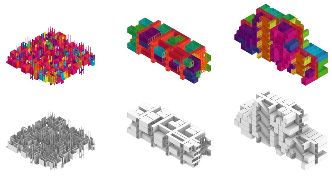 Two housing assemblies shown as color-coded modules, white 3D models, and floor plans