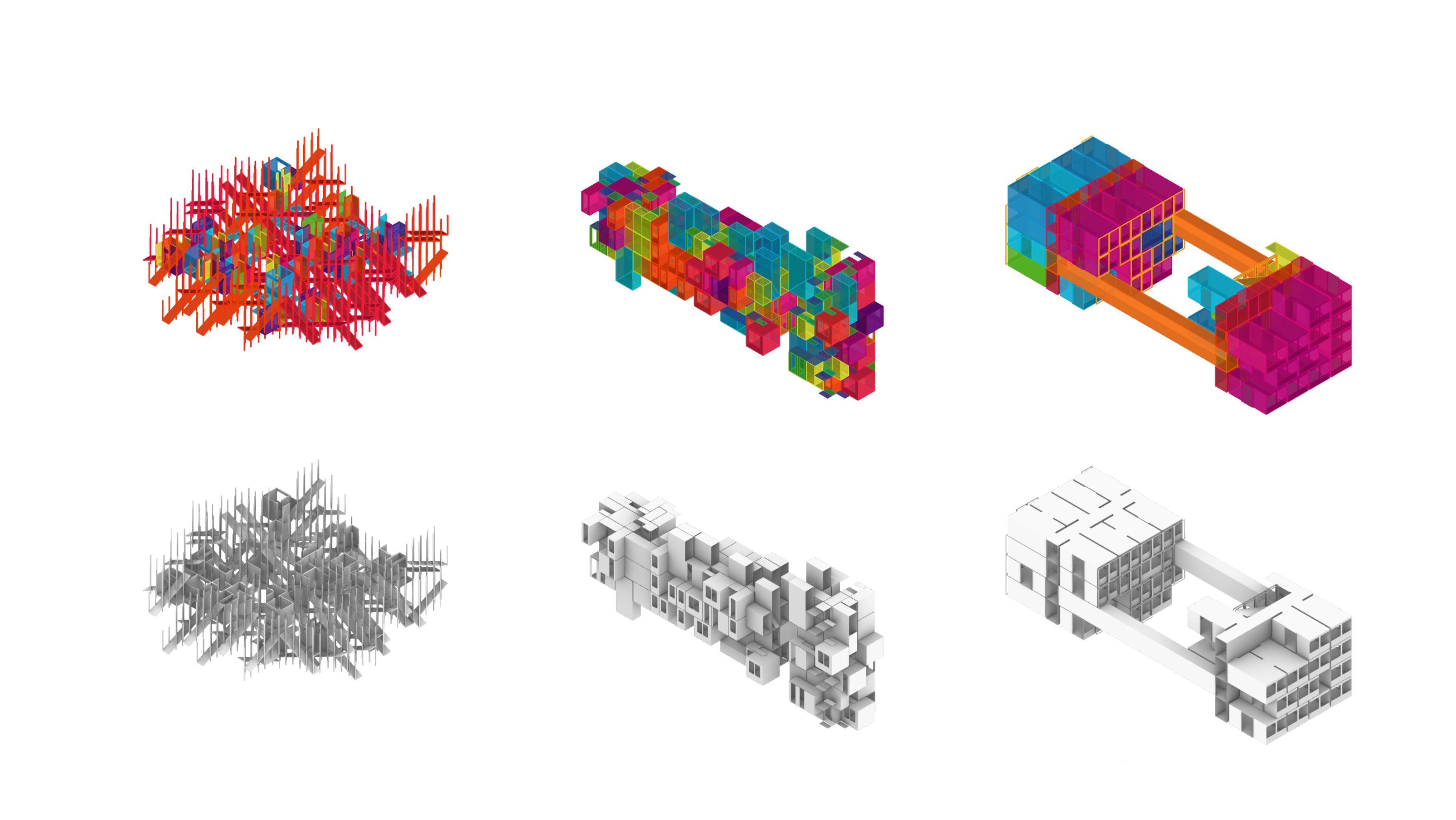 Three housing typologies with color-coded modules and corresponding white architectural models