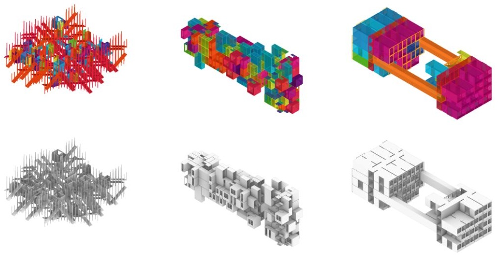 Three housing typologies with color-coded modules and corresponding white architectural models