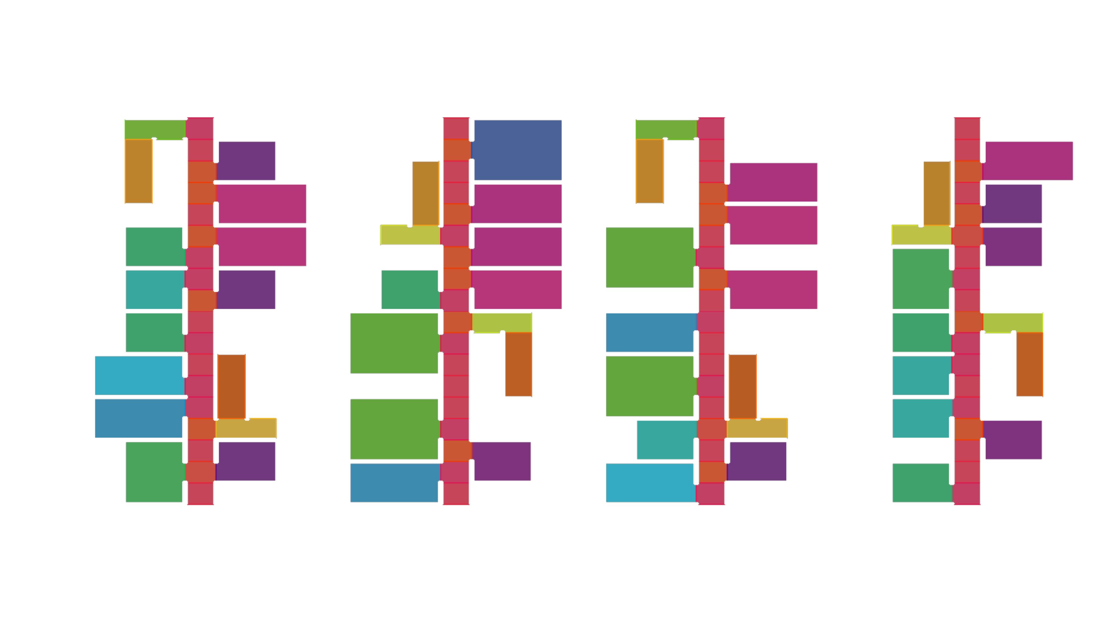 Three housing typologies with color-coded modules and white architectural renderings