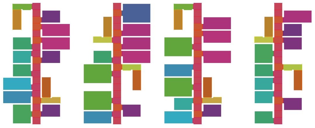 Three housing typologies with color-coded modules and white architectural renderings