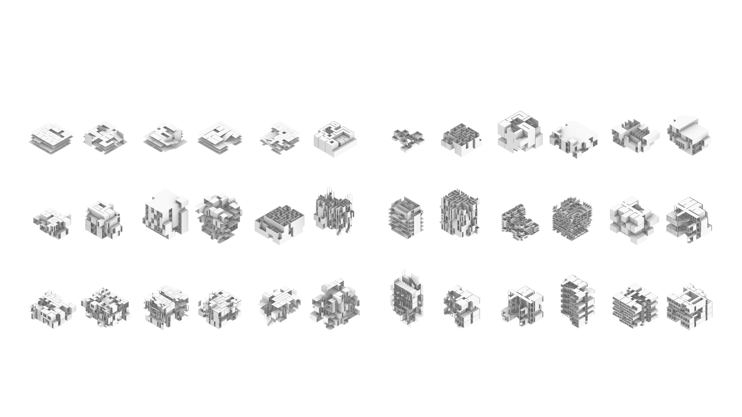 Grid of thirty-six modular housing design variations in white isometric views