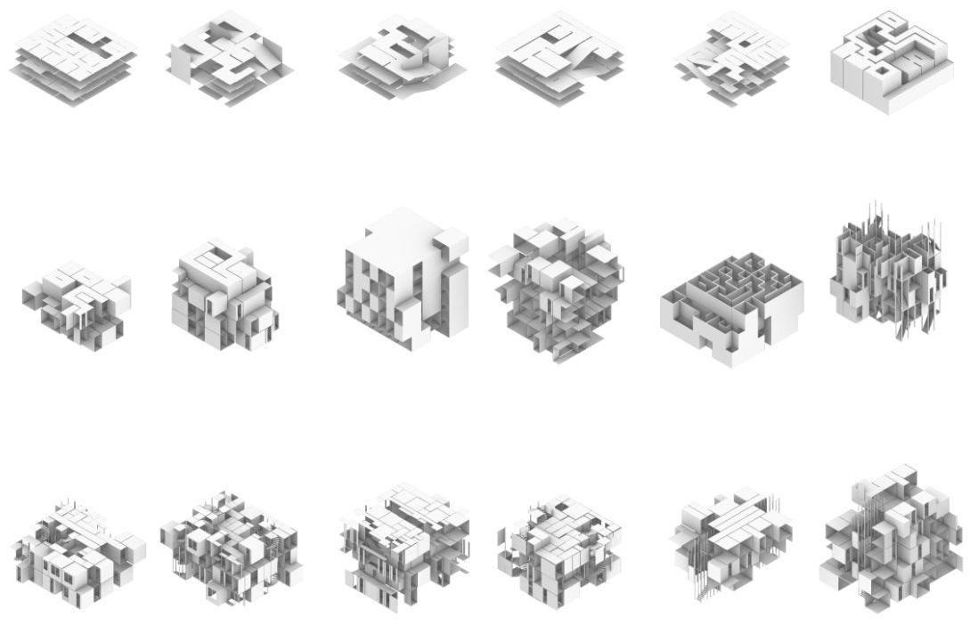 Four colorful facade elevation diagrams showing modular room arrangements