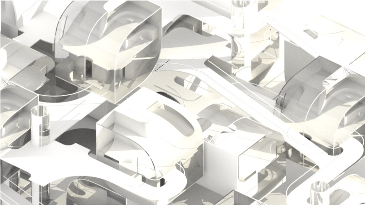Close-up axonometric of interconnected modular campus rooms and corridors