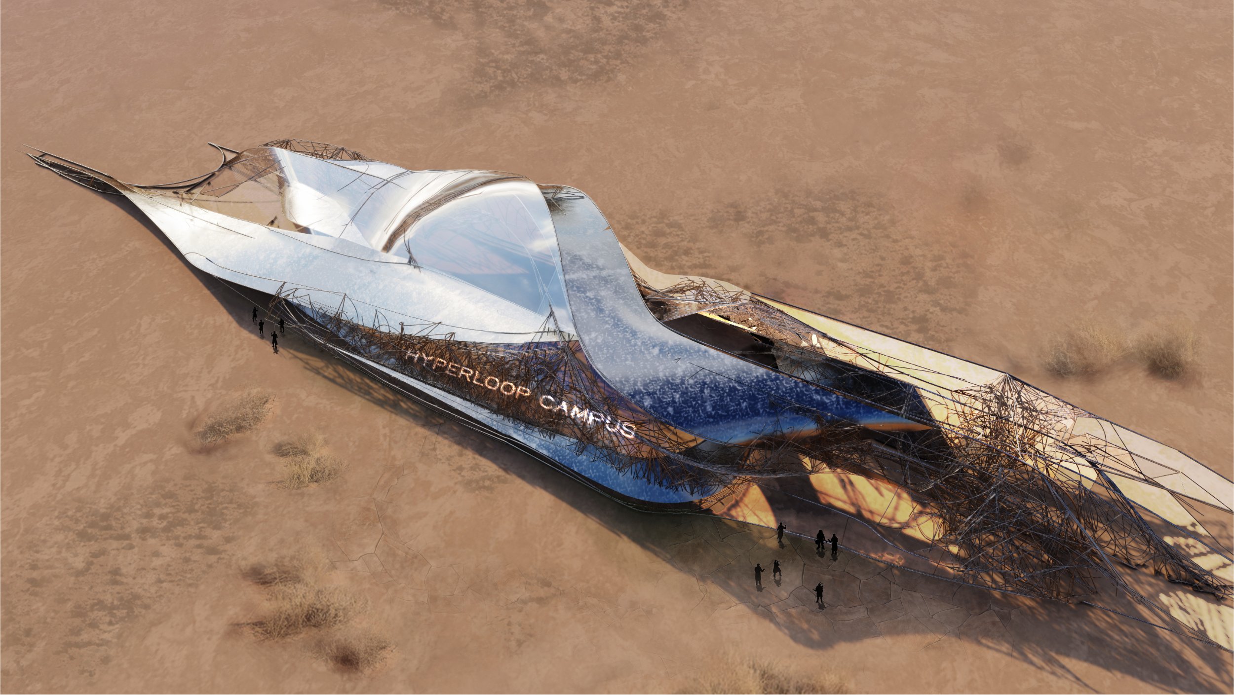 Aerial render of the hyperloop campus building in a desert landscape