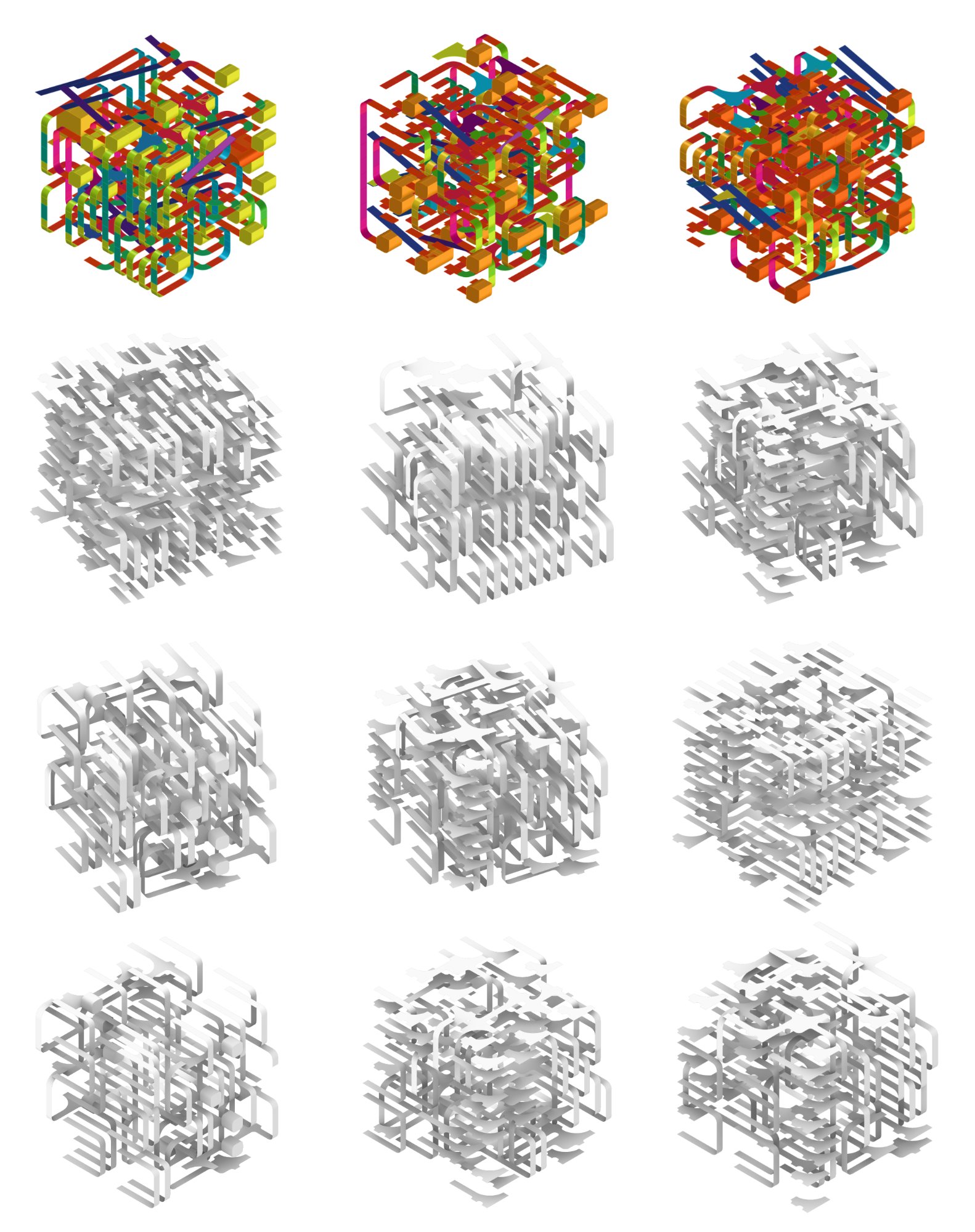 Color-coded WFC module variations and their grayscale structural views