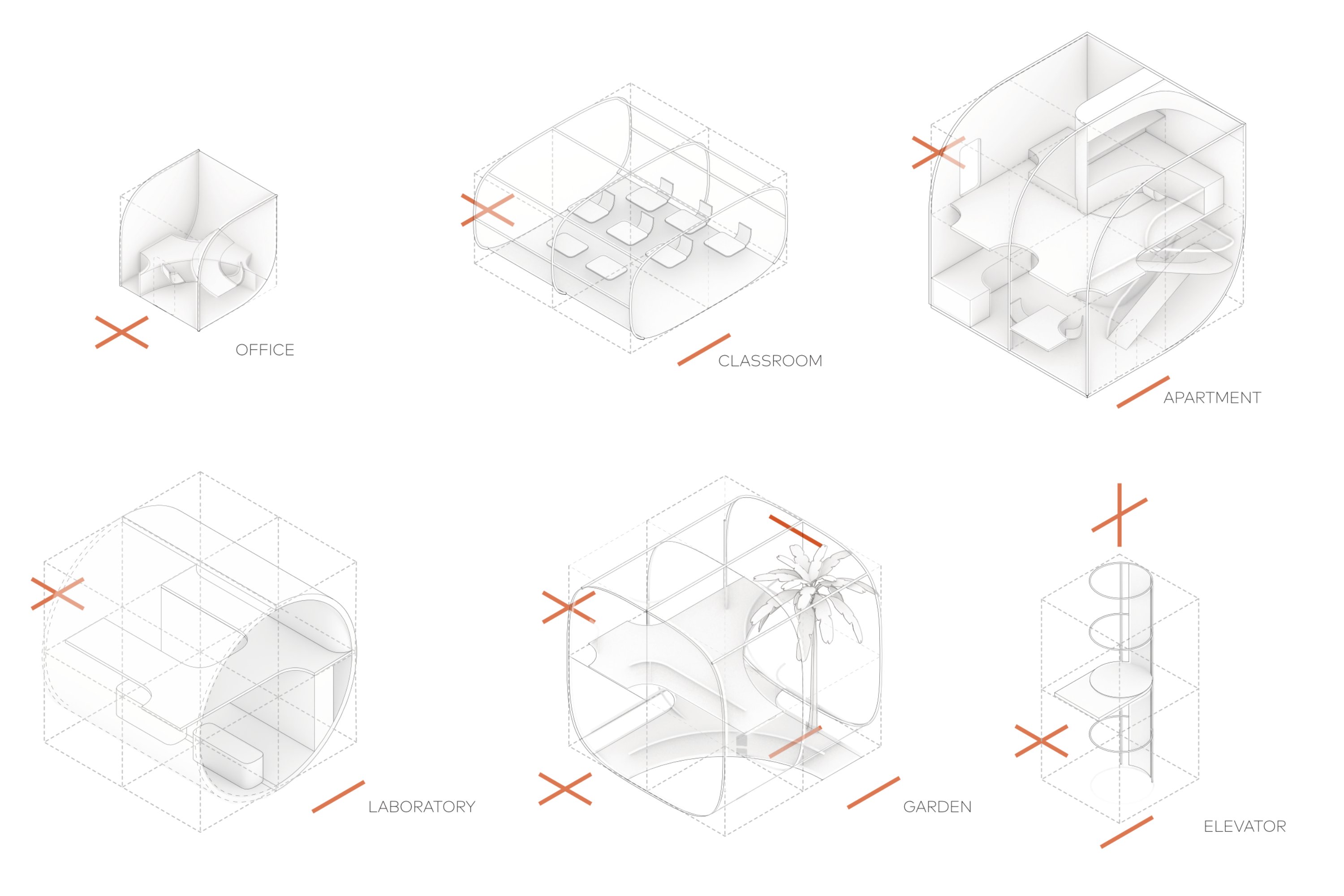 Isometric views of modular cells: office, classroom, apartment, laboratory, garden, elevator