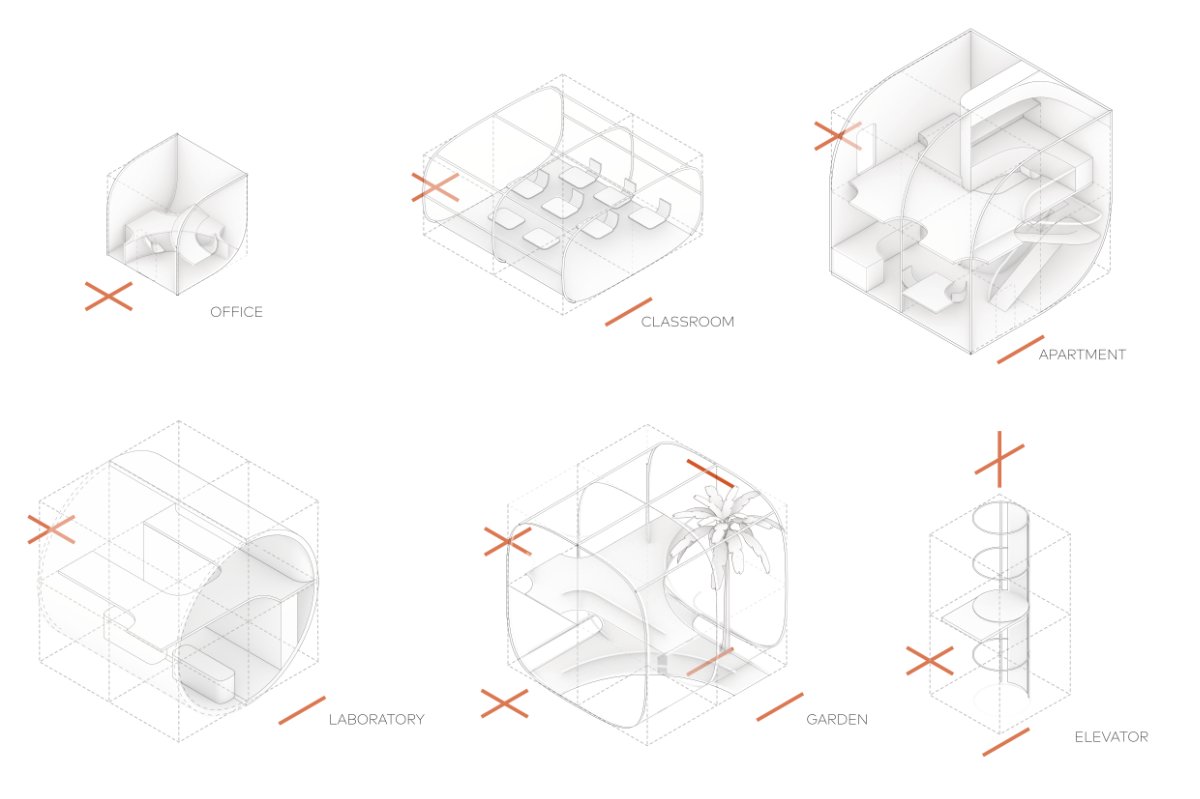 Isometric views of modular cells: office, classroom, apartment, laboratory, garden, elevator