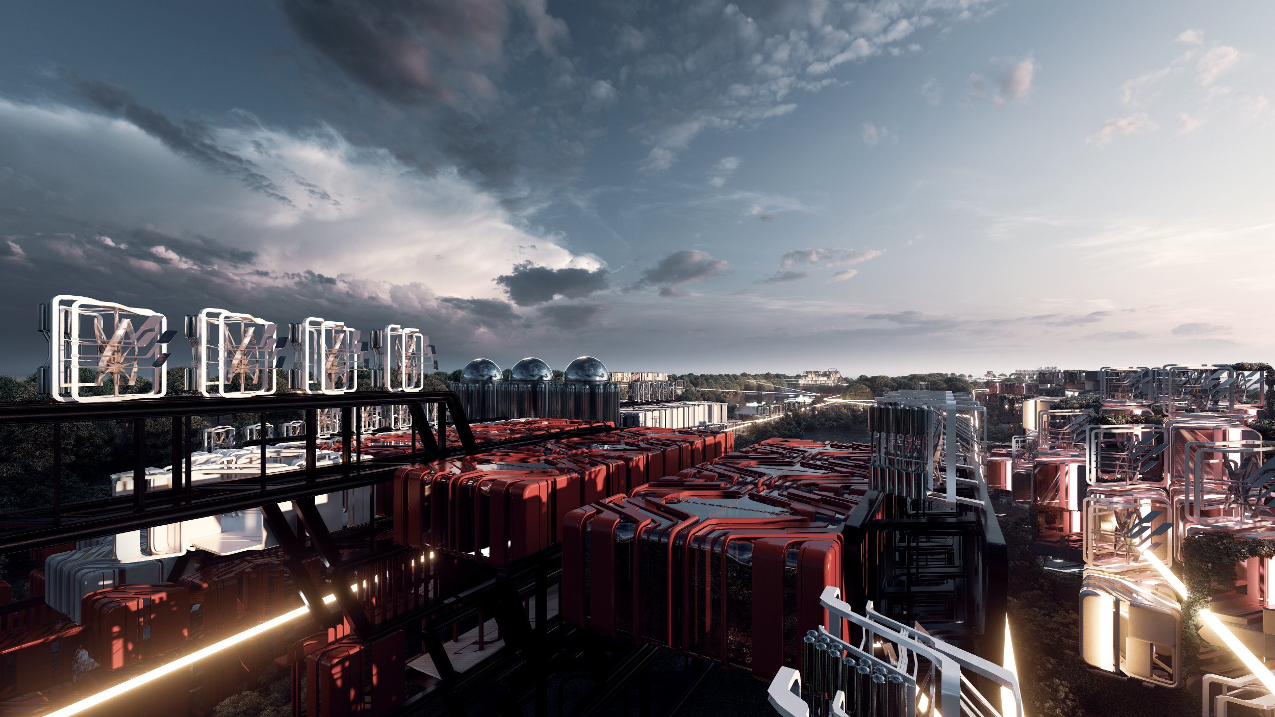 Panoramic rooftop render of modular industrial clusters at sunset