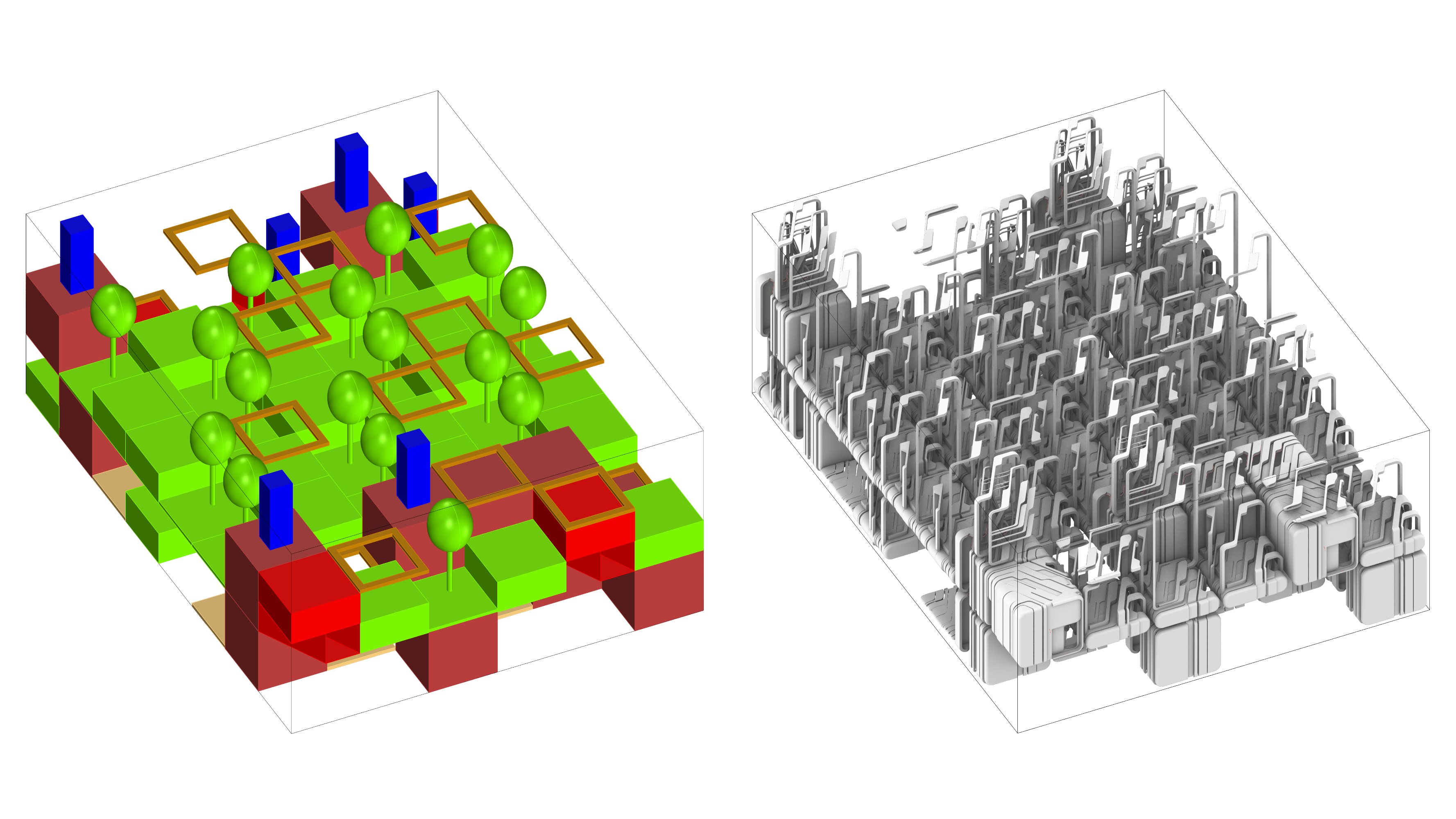 Color-coded voxel model and detailed WFC aggregation of an urban cluster