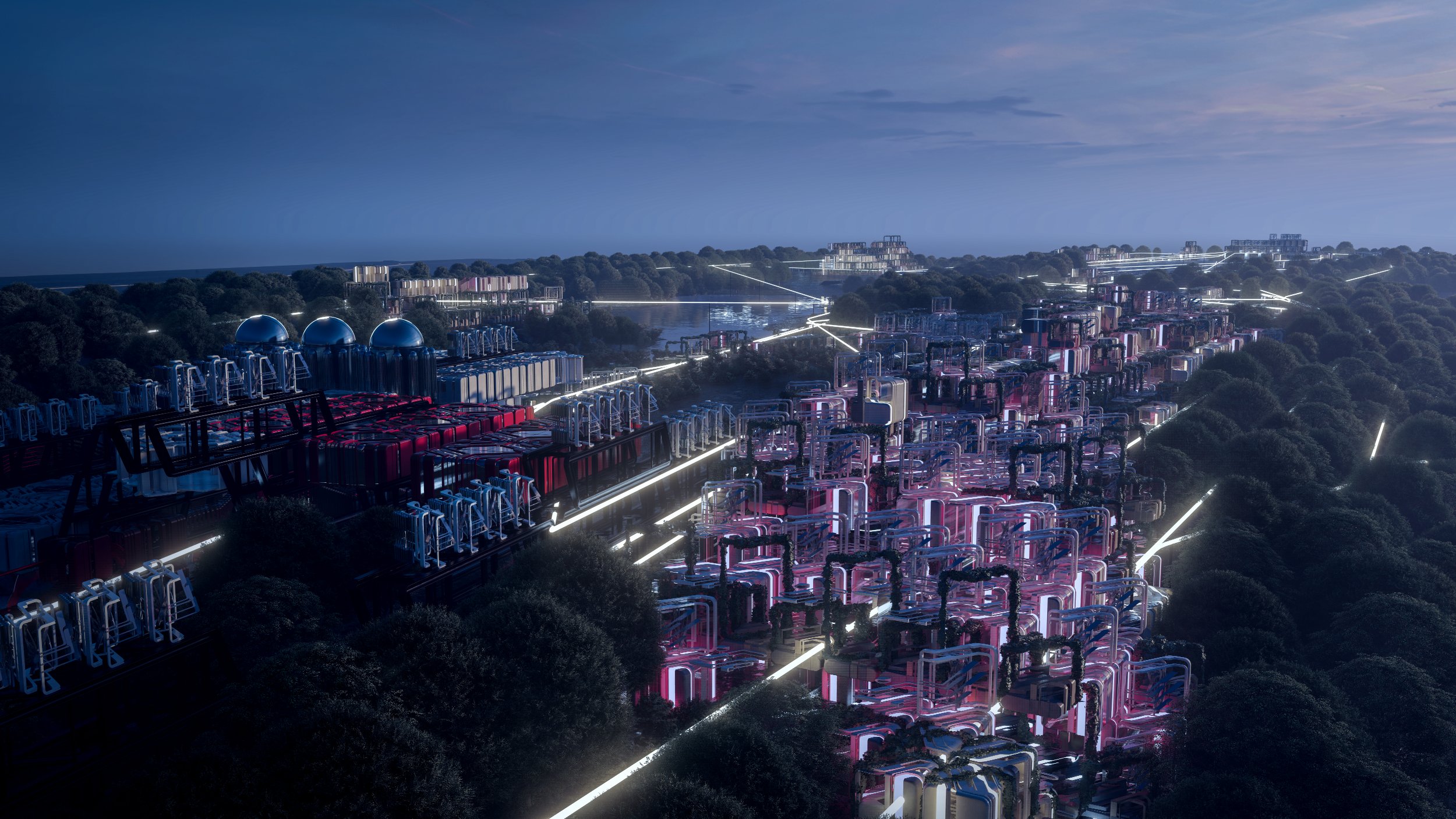 Aerial night render of modular industrial settlement with illuminated pathways through trees