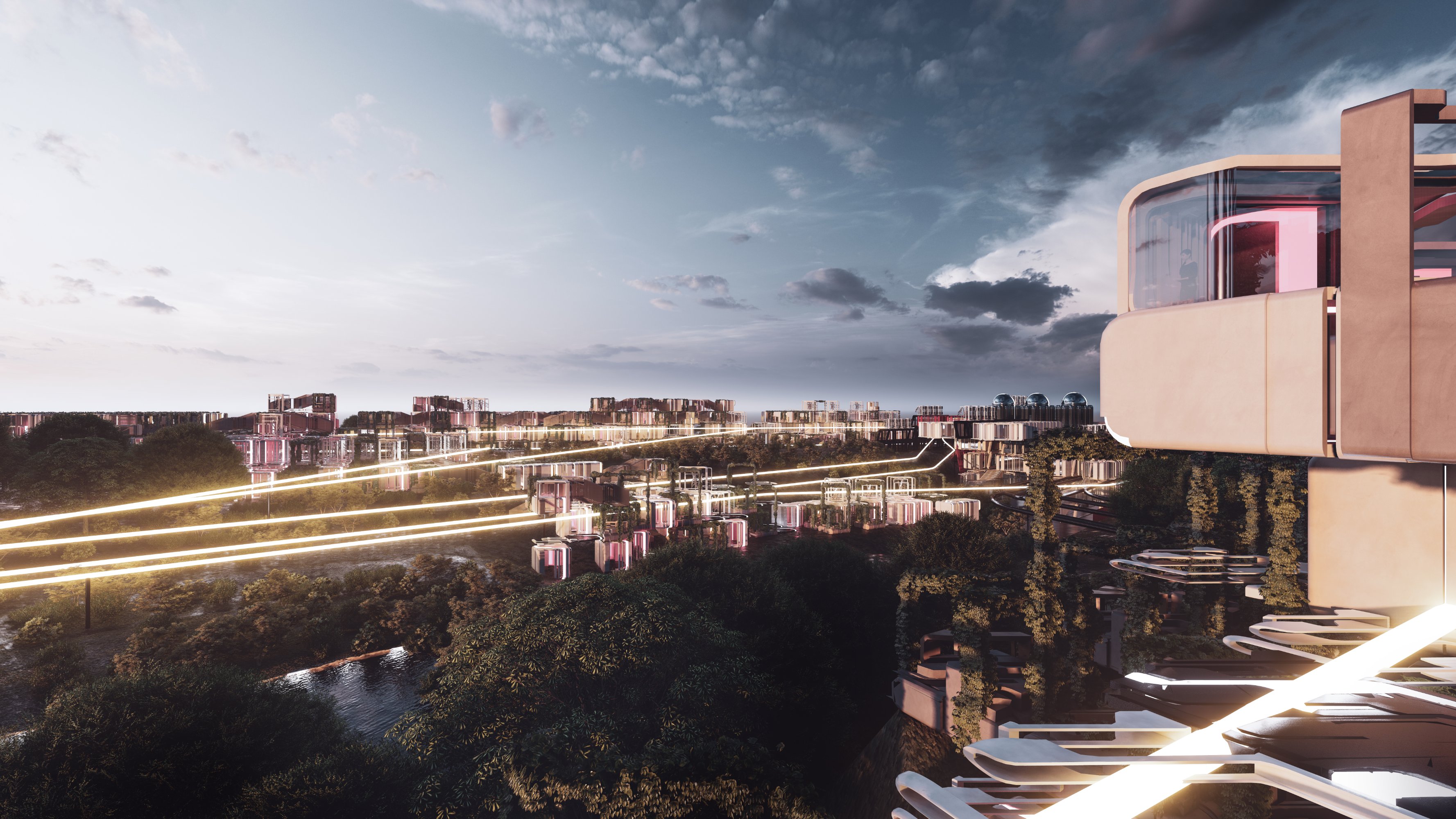 Dusk render of modular urban settlement viewed from an elevated residential unit