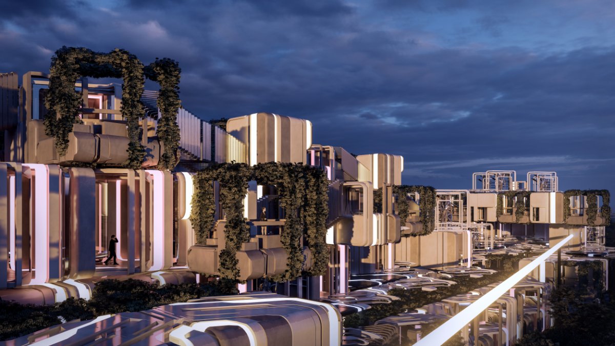 Close-up render of vine-covered modular units with interconnecting walkways at dusk