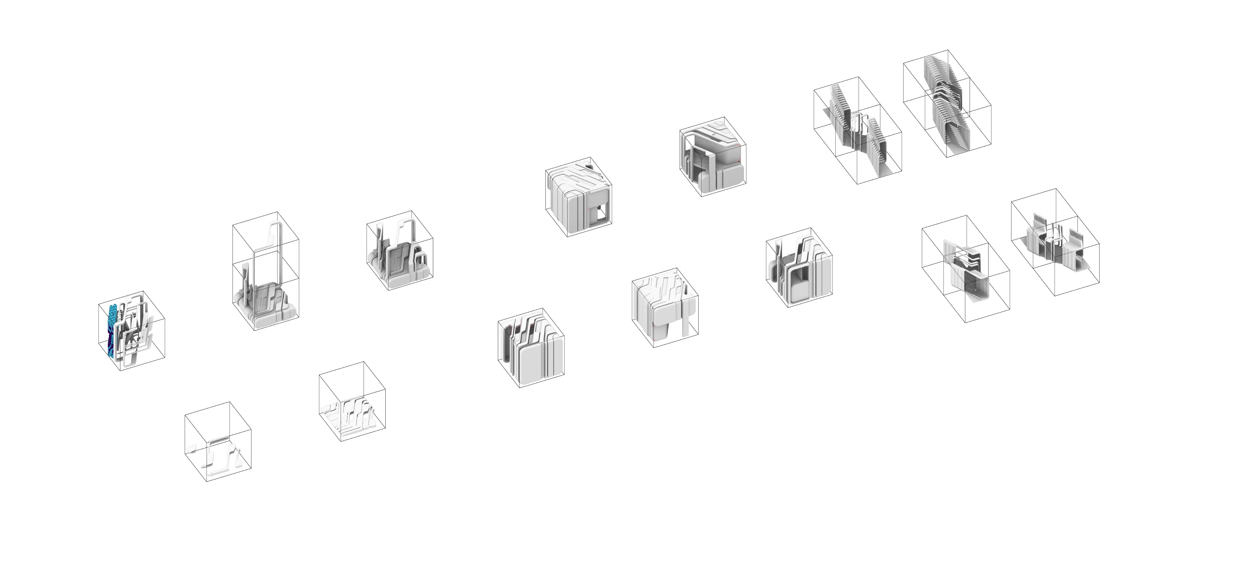 Detailed architectural modules in voxel grid showing interior configurations
