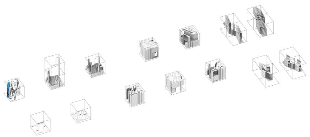 Detailed architectural modules in voxel grid showing interior configurations
