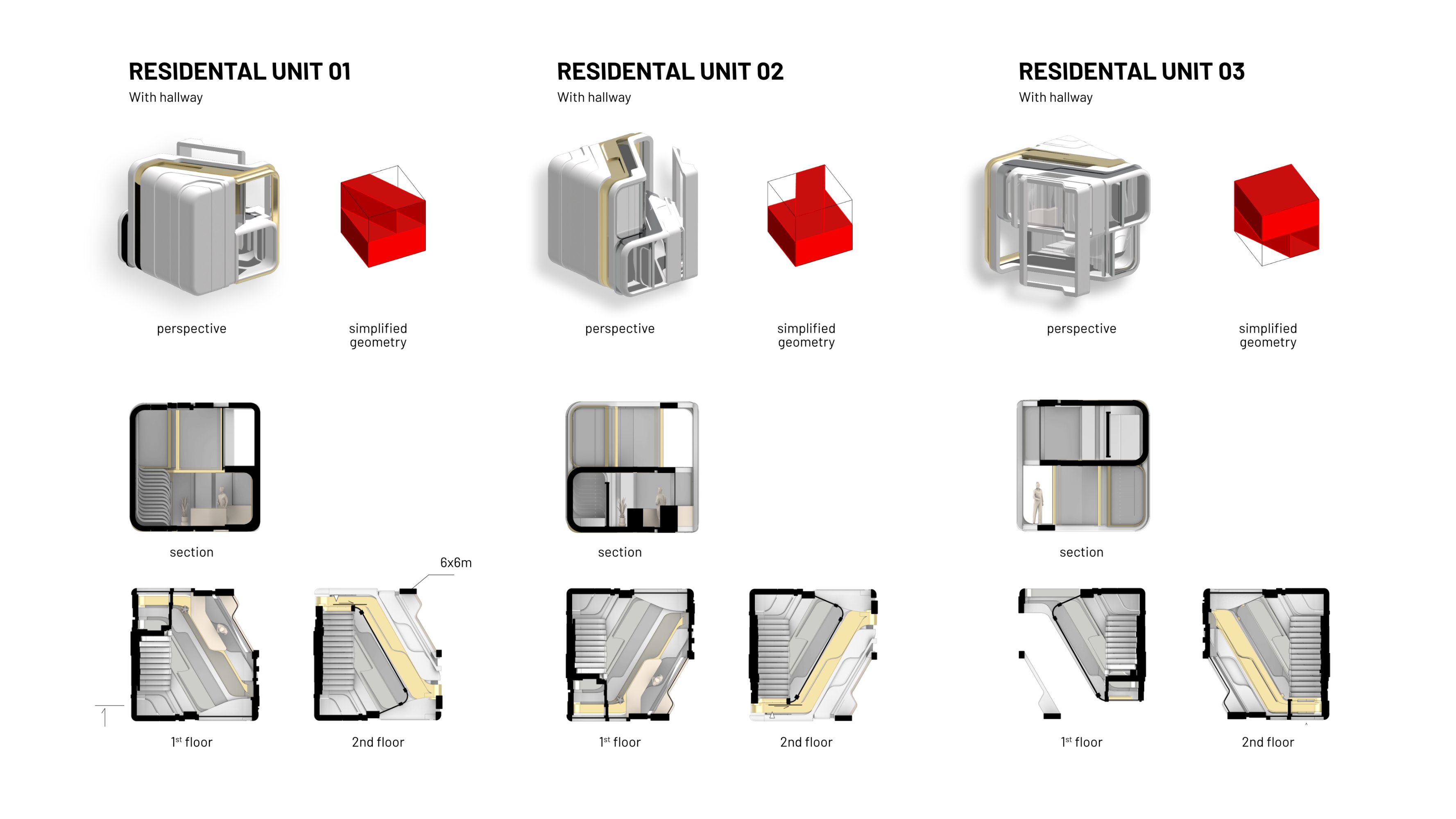 Sustainable cluster perspective with section and floor plan drawings