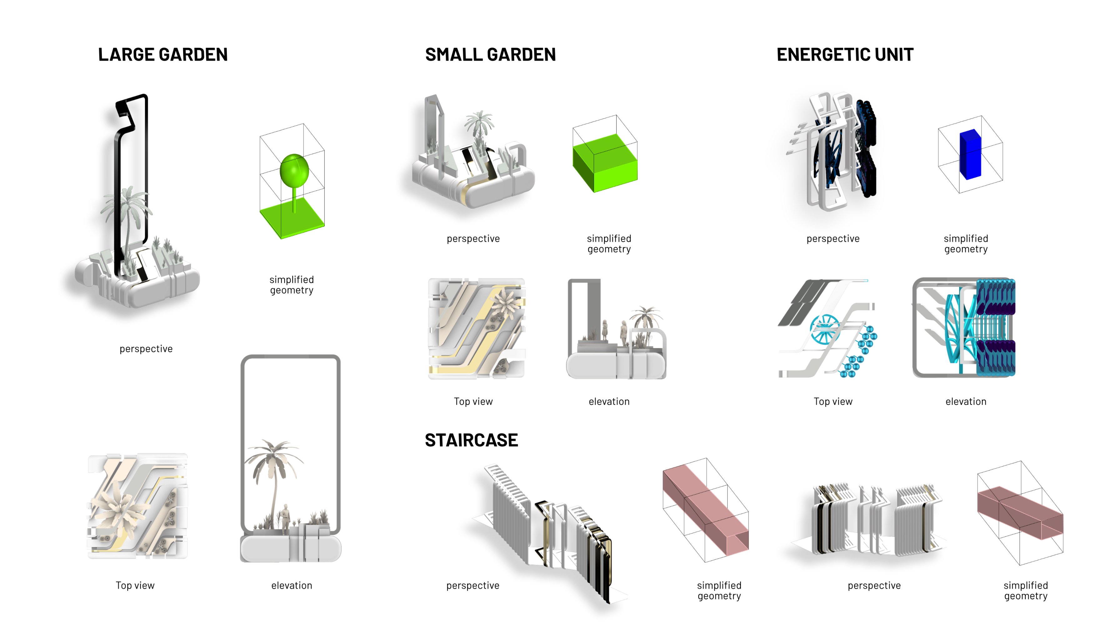 Residential unit designs with perspectives, sections, and floor plans