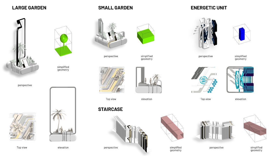 Residential unit designs with perspectives, sections, and floor plans