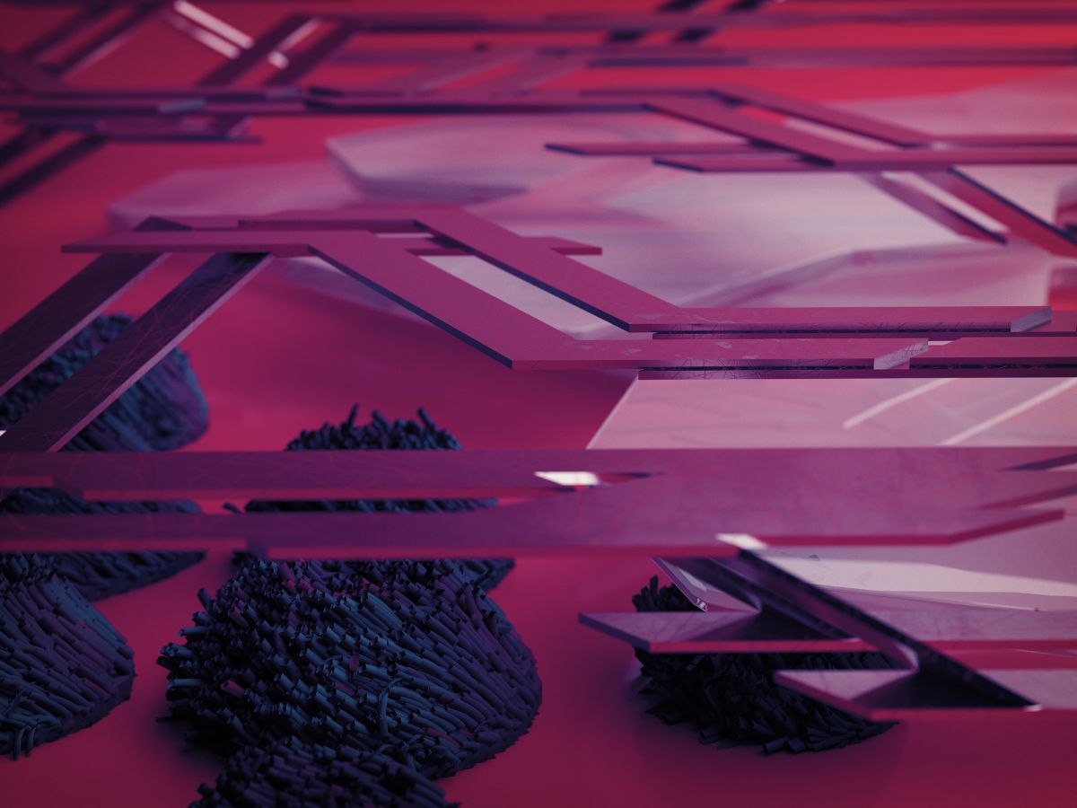 Close-up render of multi-material aggregation with translucent plates and fibrous clusters on a pink surface