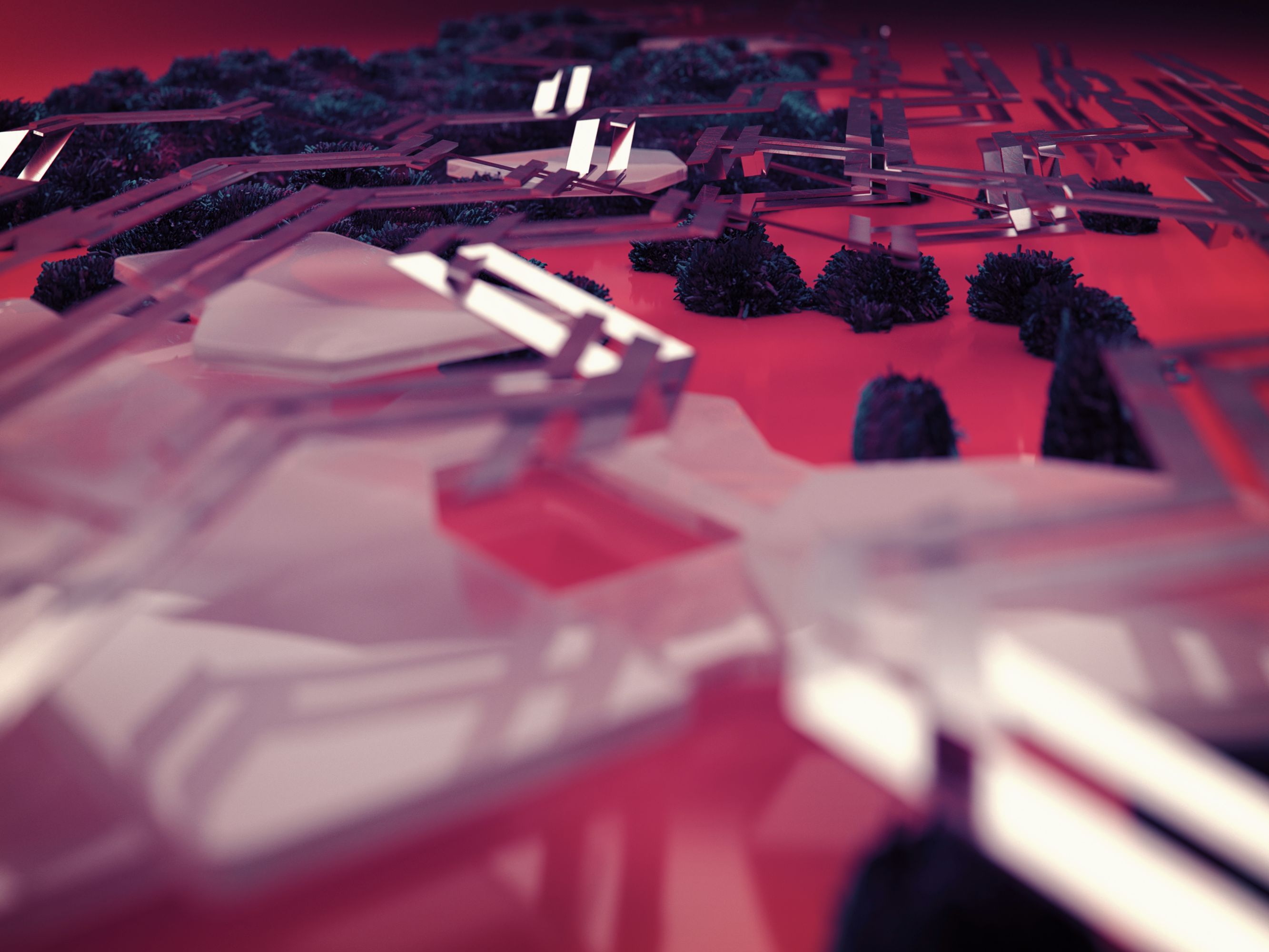 Top-down render of multi-material aggregation showing translucent and fibrous elements on a pink surface