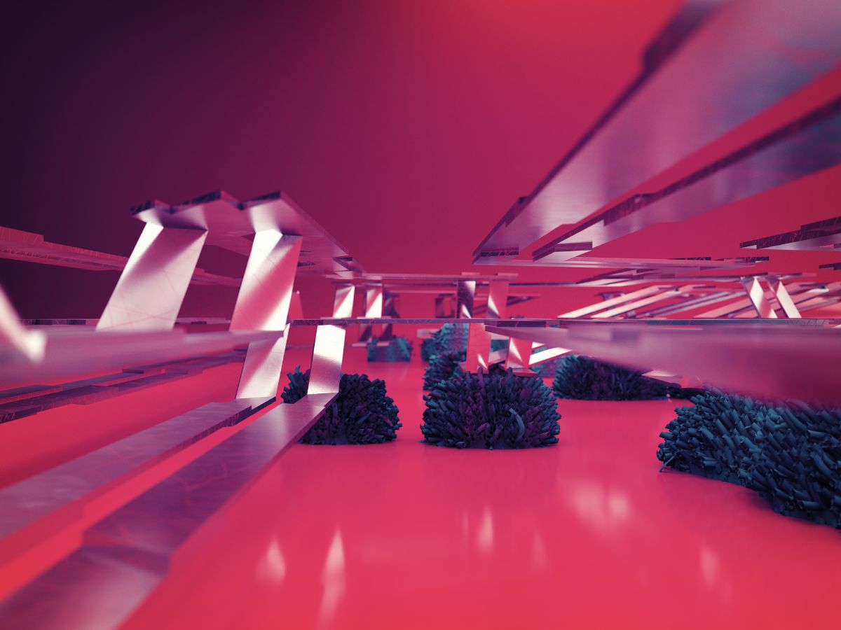 Interior-level render of metallic plates and fibrous clusters forming a spatial structure on a pink surface