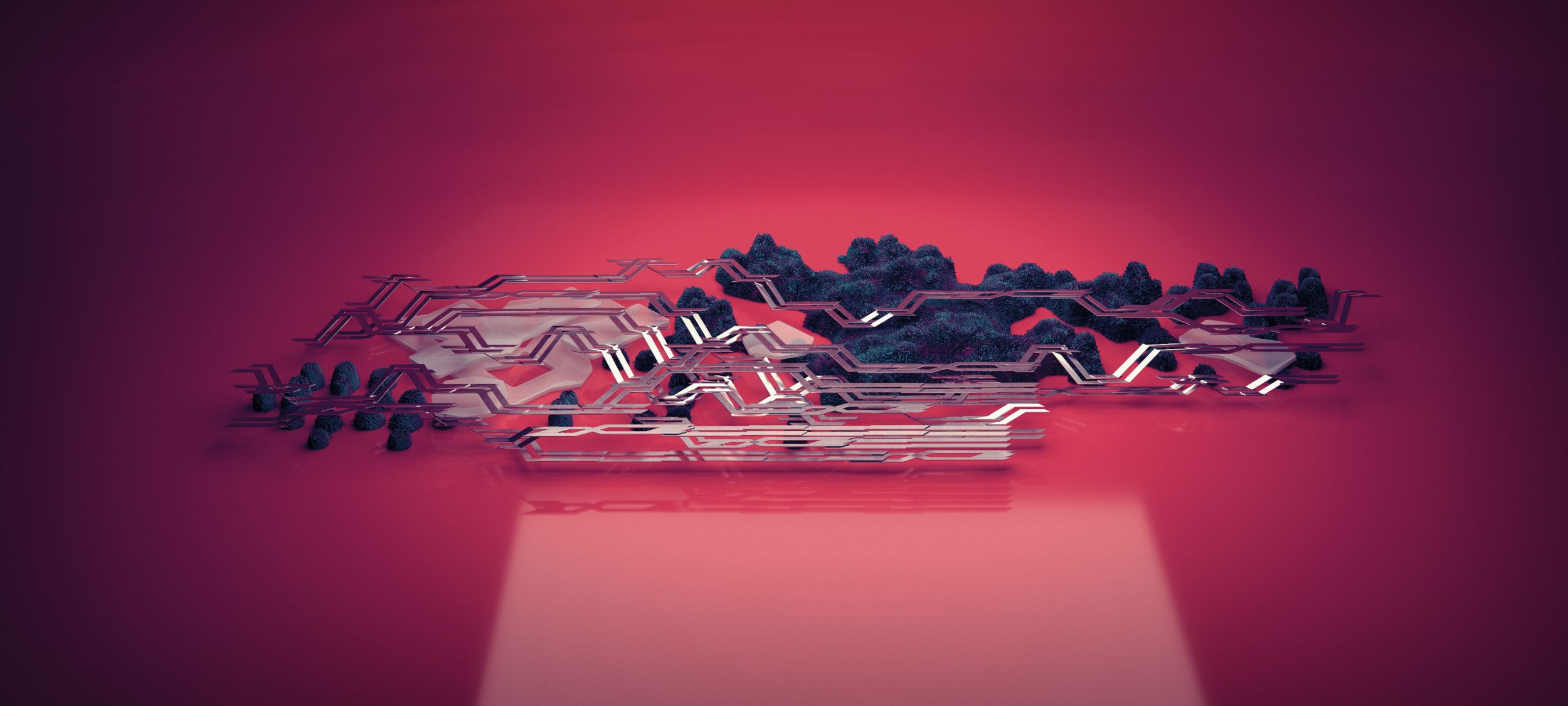 Panoramic render of multi-material aggregation with metallic, fibrous, and translucent elements on a pink background
