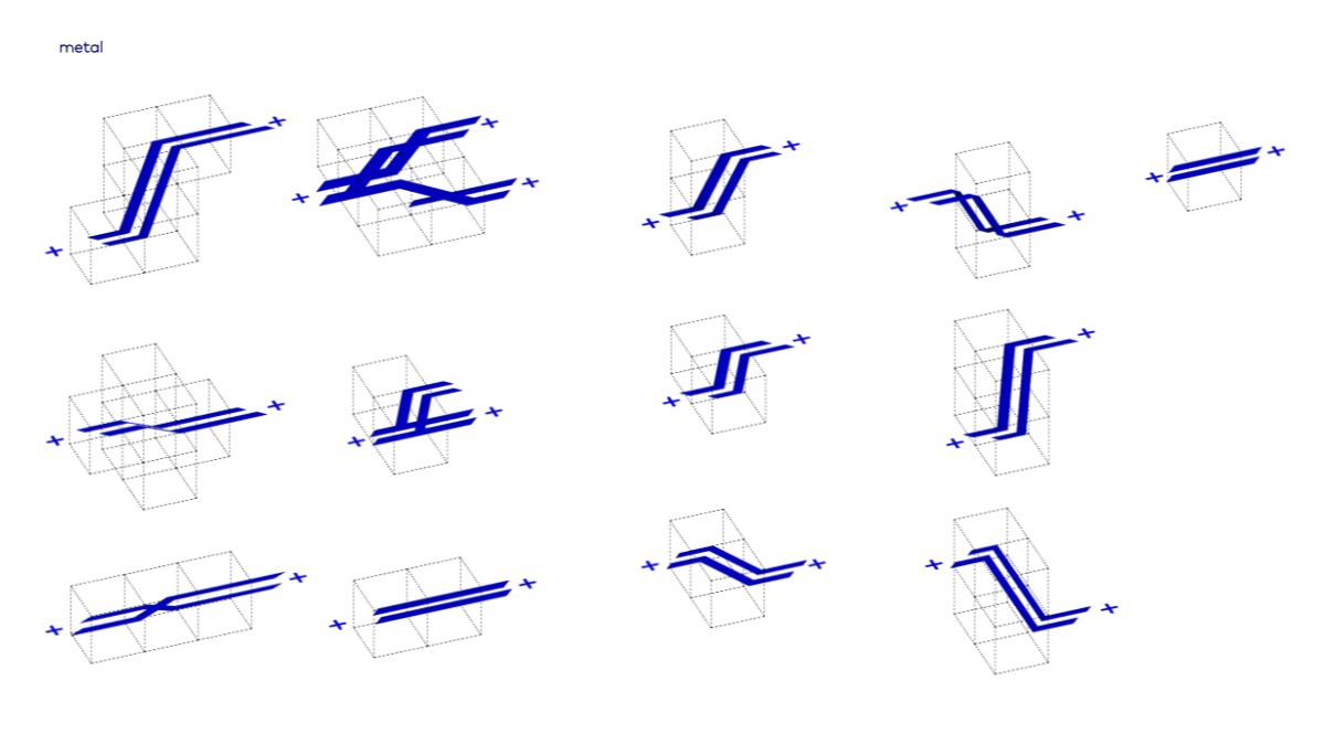 Catalog of metal module types shown as blue linear elements within grid cells