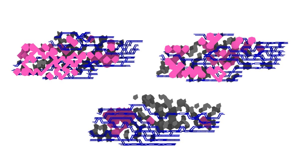 Three views of aggregated structures combining blue metal, gray wood, and pink light modules