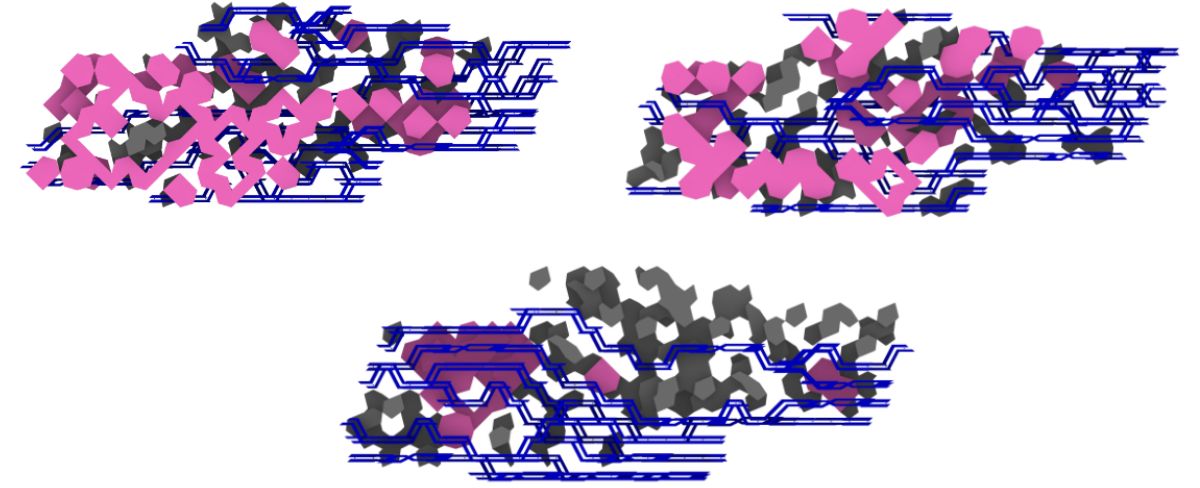 Three views of aggregated structures combining blue metal, gray wood, and pink light modules