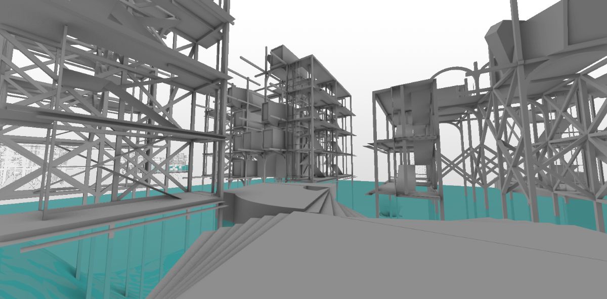 Eye-level render of coastal structures rising from turquoise water with walkways