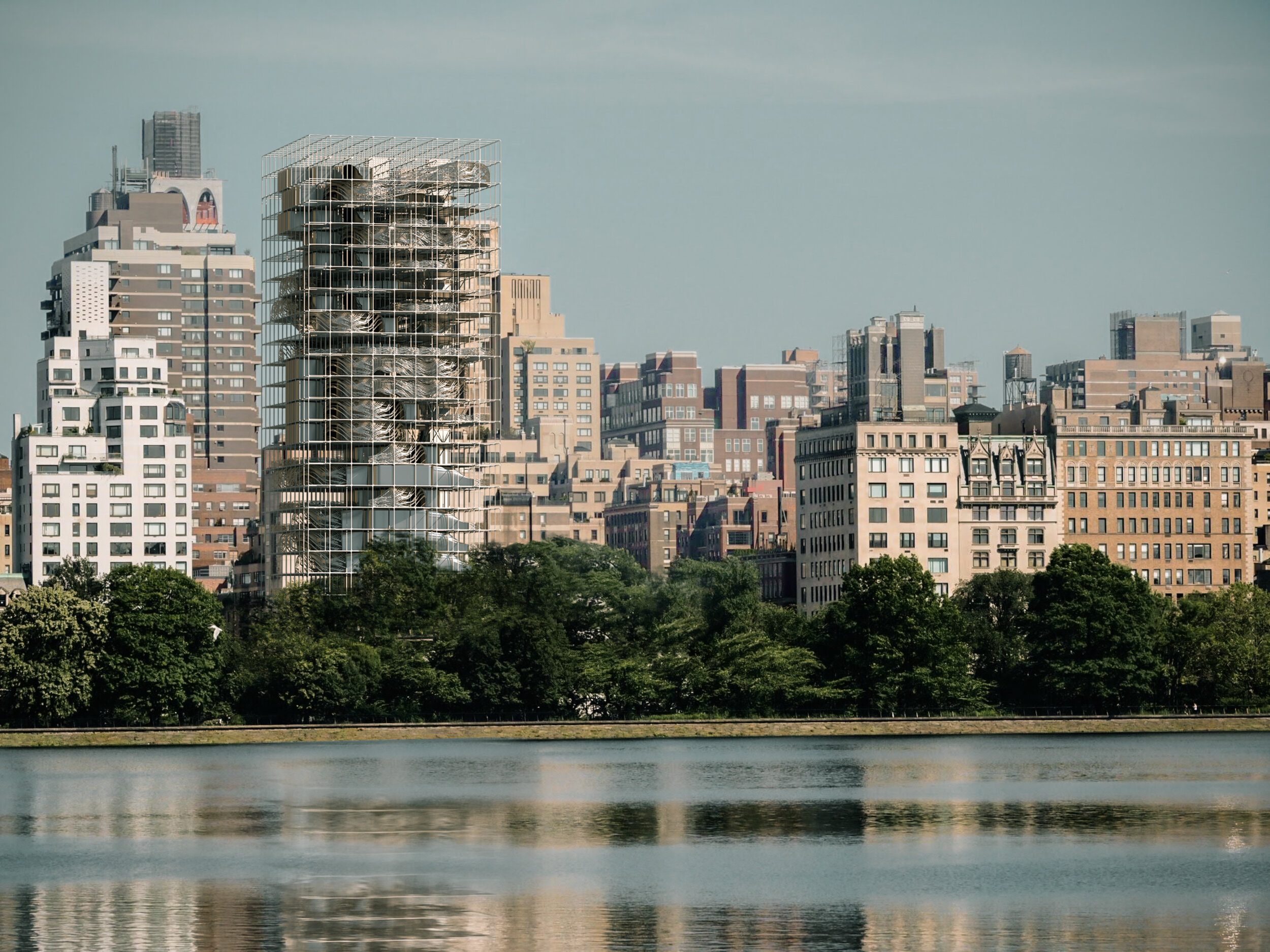 Discrete Experience museum during the day, modular tower in a city skyline
