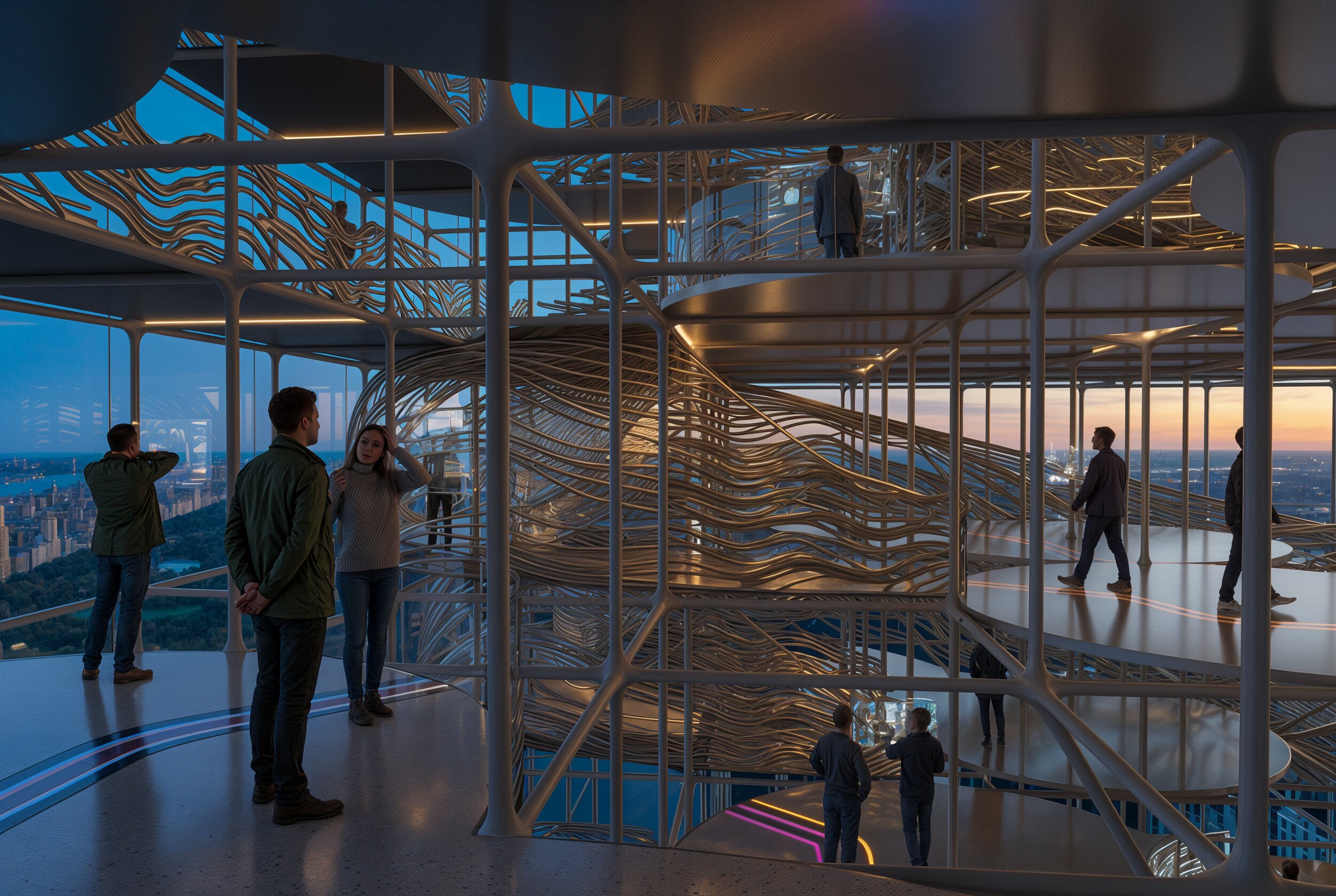 Interior view of the Discrete Experience museum with visitors on multiple levels