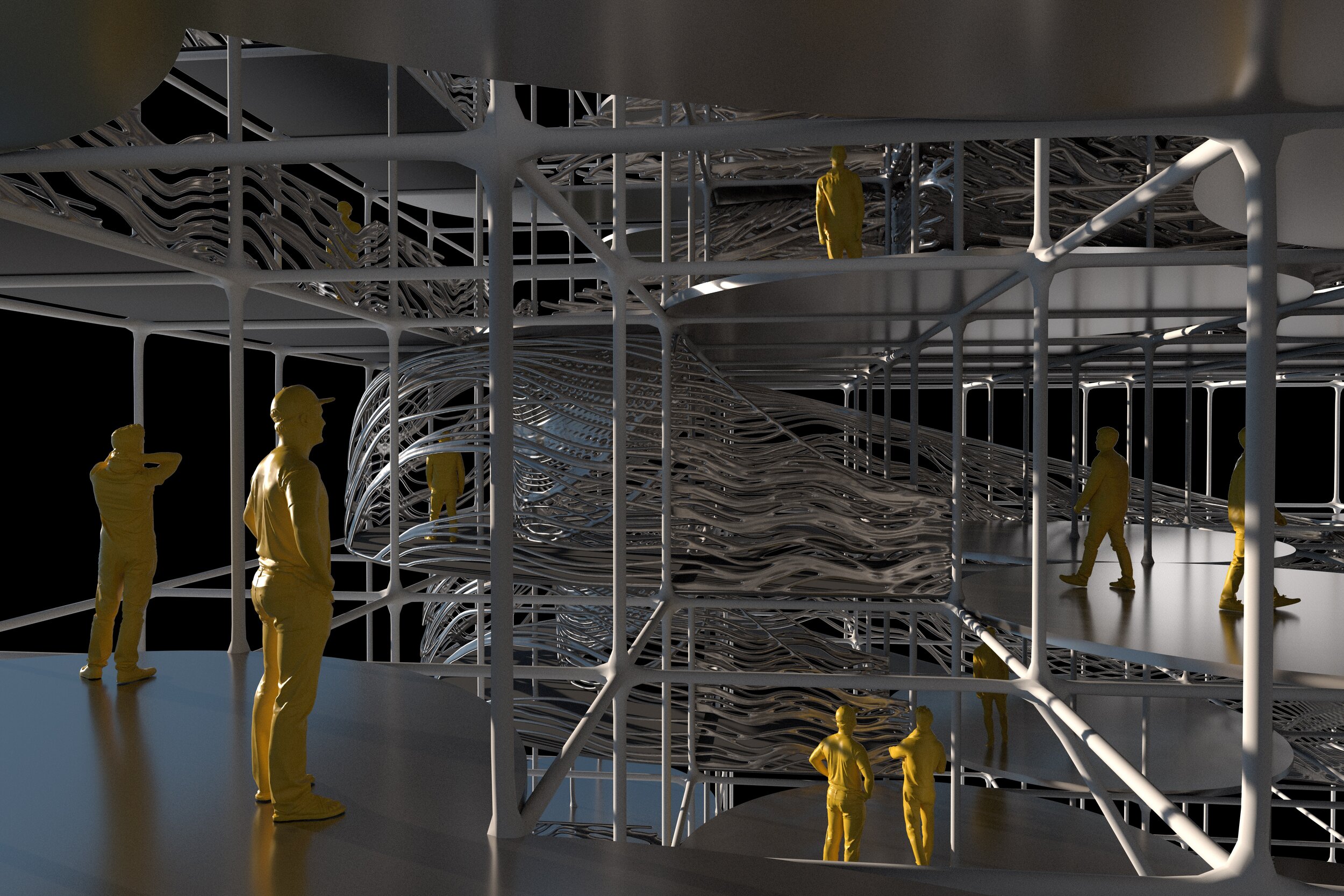 Interior render of the museum with visitors exploring interconnected modular levels