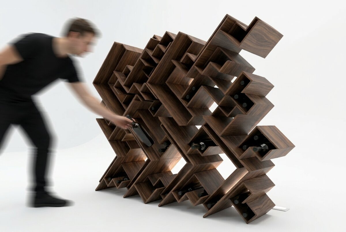 Physical prototype of the Deskode modular wine shelf