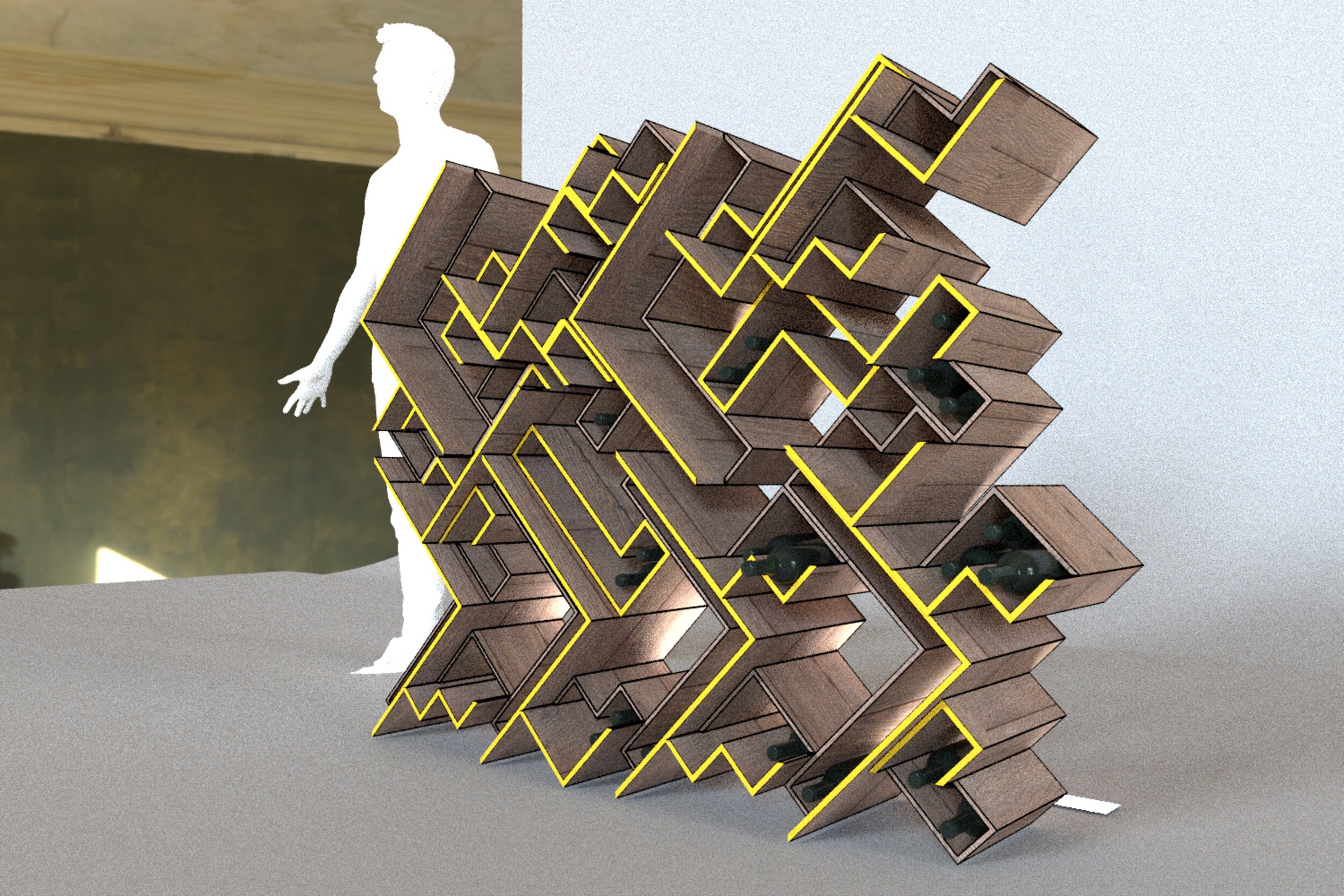 Digital render of the Deskode modular wine shelf with highlighted interlocking joints