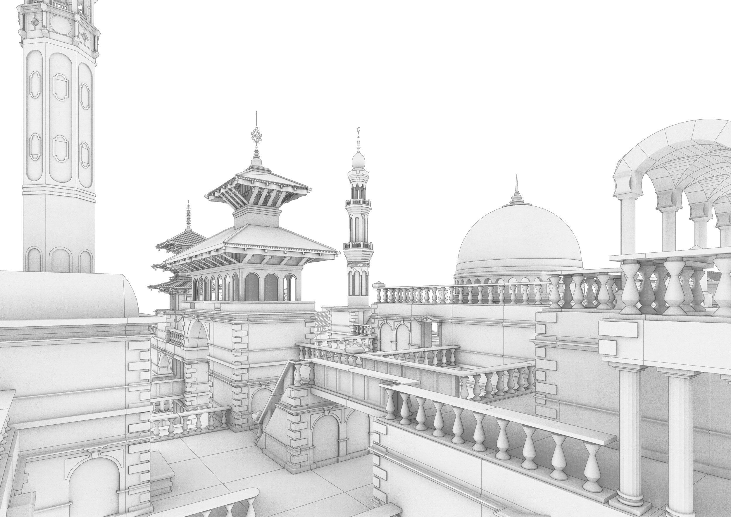 Rooftop perspective - towers, domes, and pagodas of the assembled city