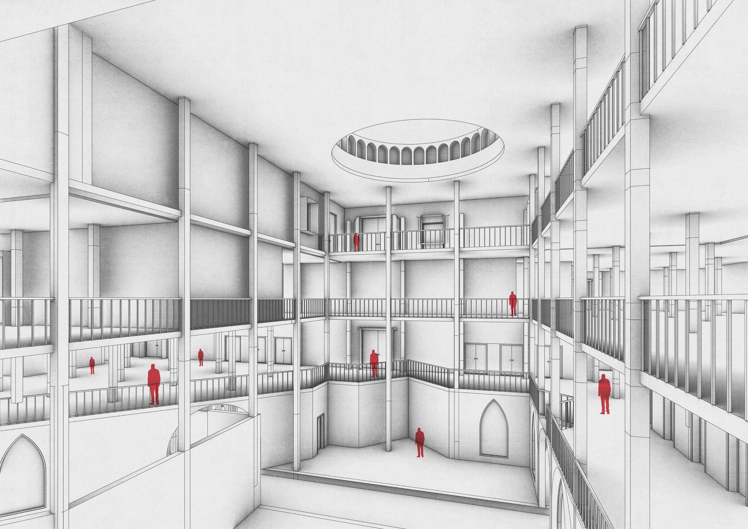 Interior perspective - multi-level atrium with red figures for scale