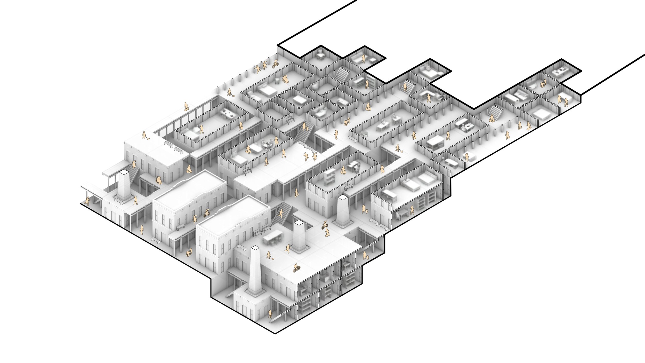 Isometric plan and section of the modular barrio housing