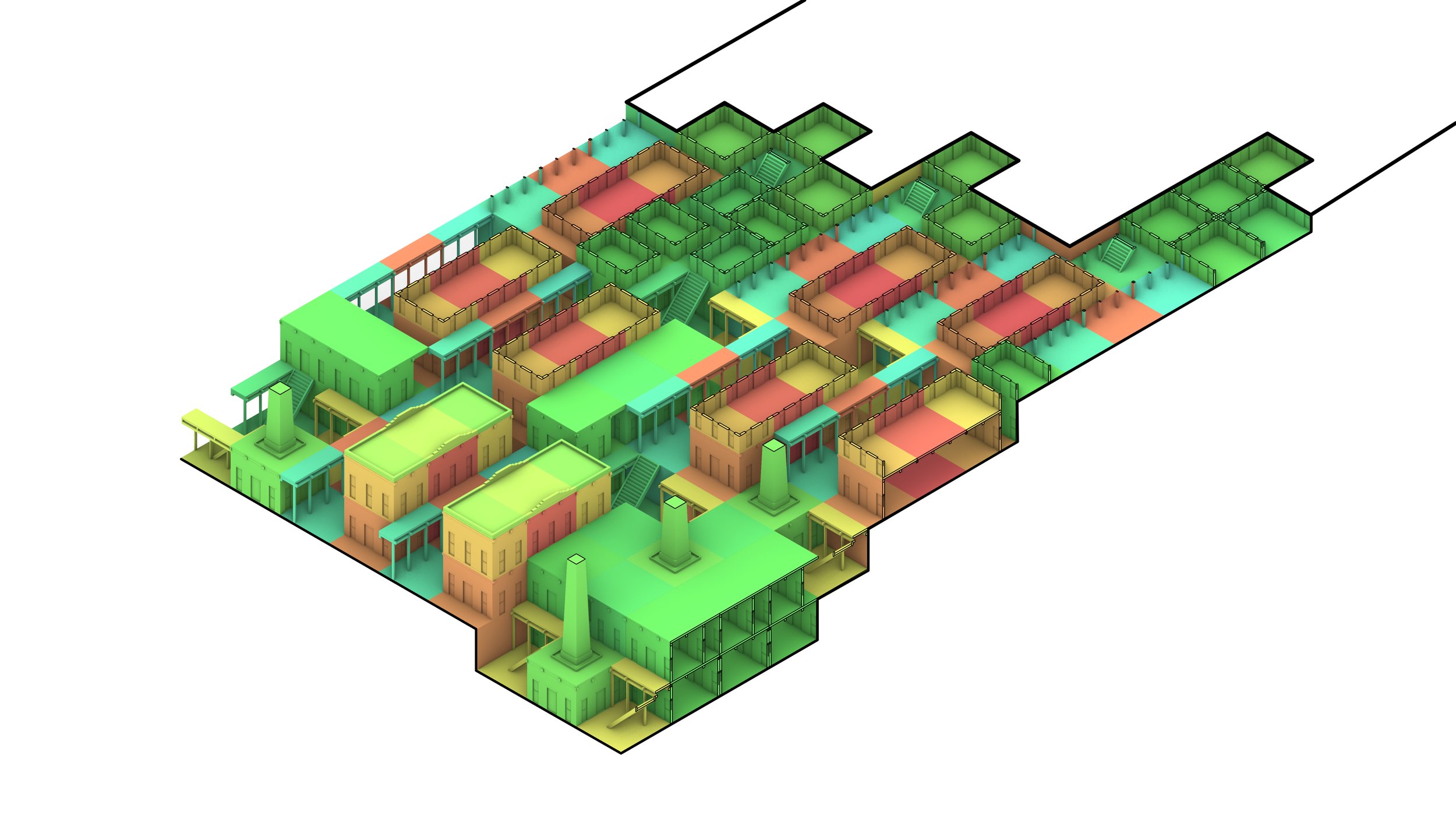 Colored plan and section showing programmatic distribution