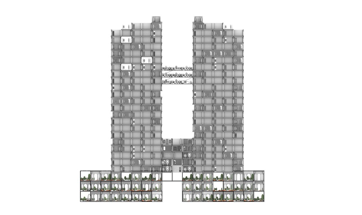 Single tower section showing residential modules