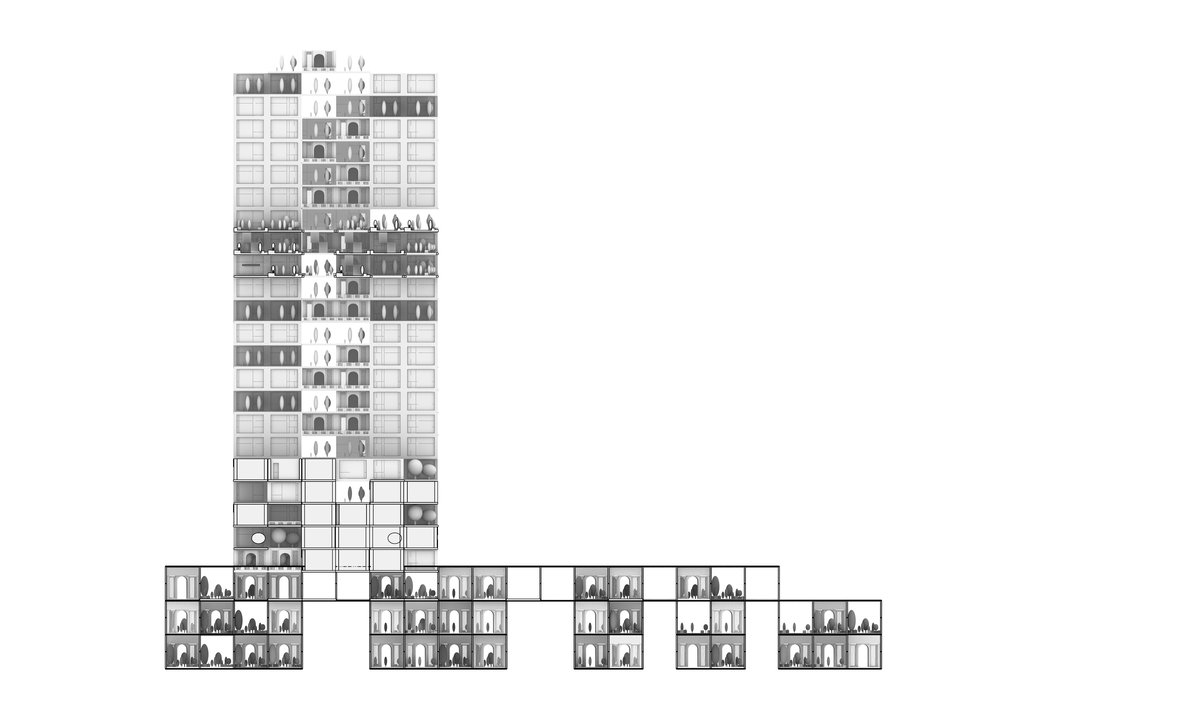 Tall tower section with stacked apartment modules